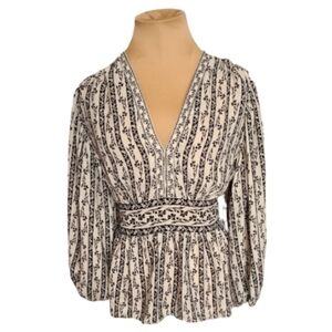 Max Studio‎ Boho Floral Stripe V Neck Smocked Waist Peplum Blouse Small